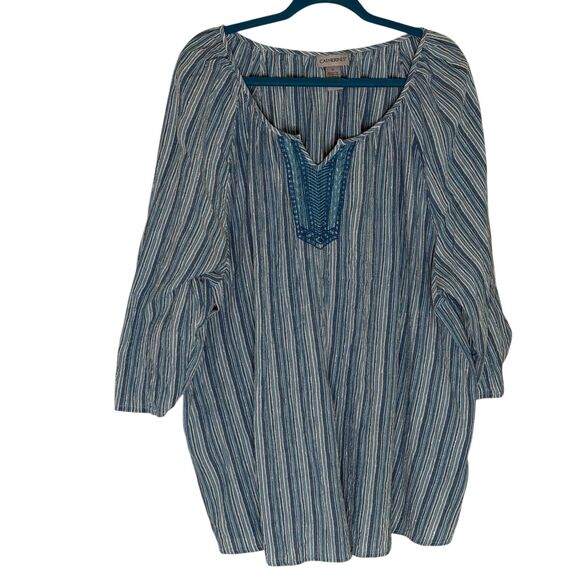 Catherines Embroidered Blouse Shirt Top Stripe Turquoise Metallic Silver 3X - Picture 1 of 6
